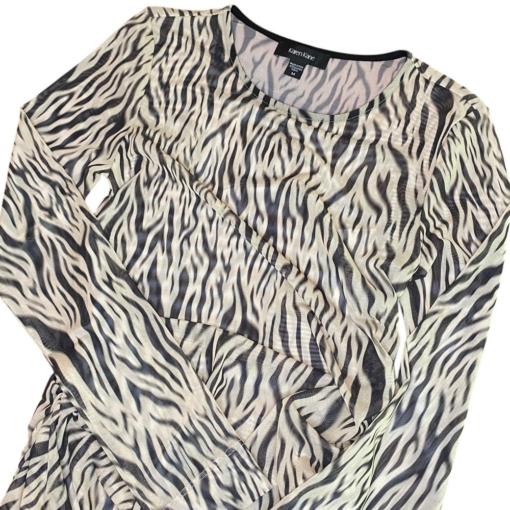 NWT Karen Kane Top Size M Animal Print Sheer Ruche Stretchy Y2K Long Sleeve